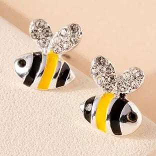 All a Buzz Enamel and Crystal Silver Bumble Bee Stud Earrings