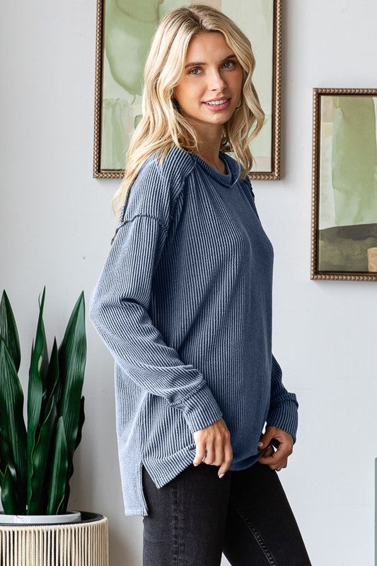 Just To See You Wavy Ribbed Top in Dark Denim