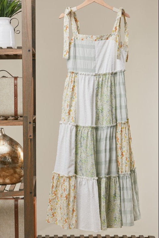 Kinley Rae Patchwork Tie-Shoulder Tiered Maxi Dress in Sage and Ivory