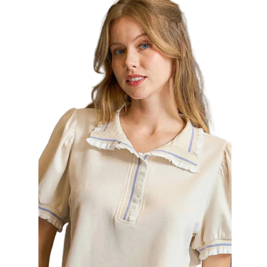 Viola Puff Sleeve Polo Blouse in Ecru/Lavender - Curvy