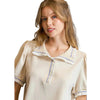 Viola Puff Sleeve Polo Blouse in Ecru/Lavender - Curvy