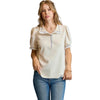 Viola Puff Sleeve Polo Blouse in Ecru/Lavender - Curvy