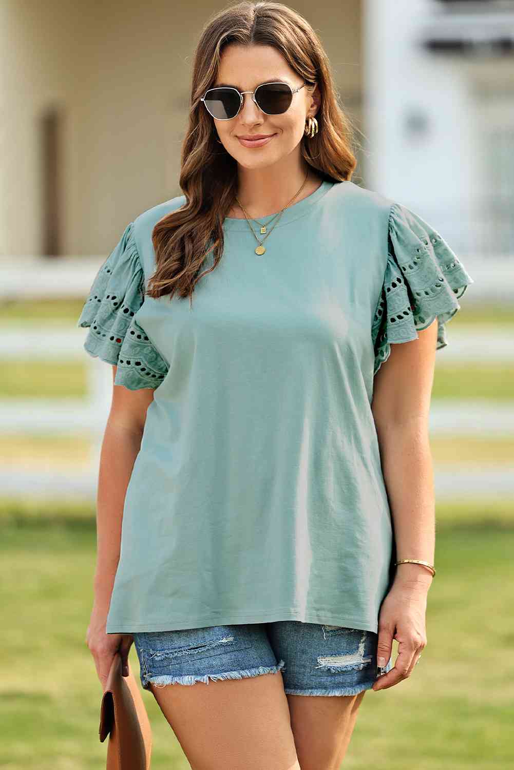 Grace and Gratitude Flutter Sleeve Top in Misty Green - Curvy