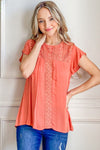 Time to Shine Lace Detail Ruffle Short Sleeve Blouse in Coral
