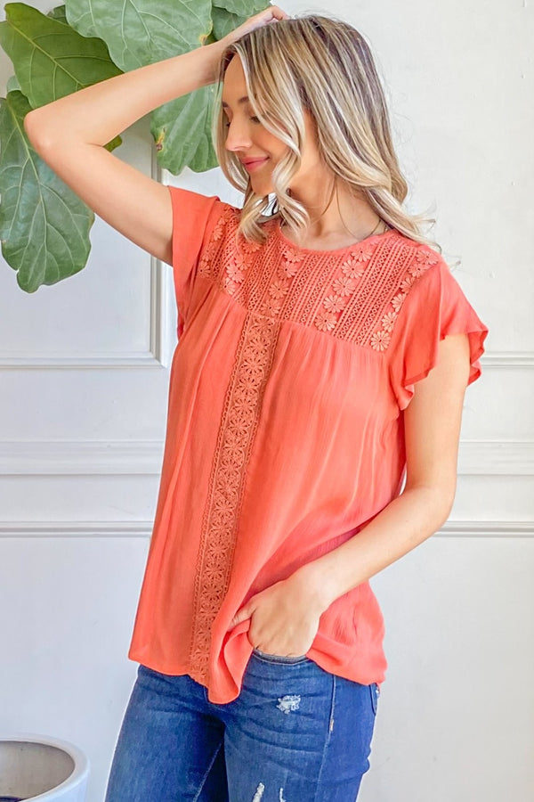 Time to Shine Lace Detail Ruffle Short Sleeve Blouse in Coral
