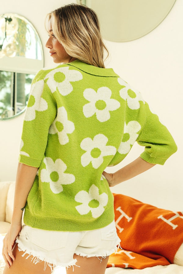 Daisy Pattern Johnny Collar Sweater in Lime Green
